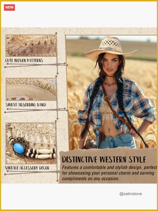 Straw Cowboy Hat with 4 Decorative Bands, Wide Brim, Unisex, Breathable main image 4
